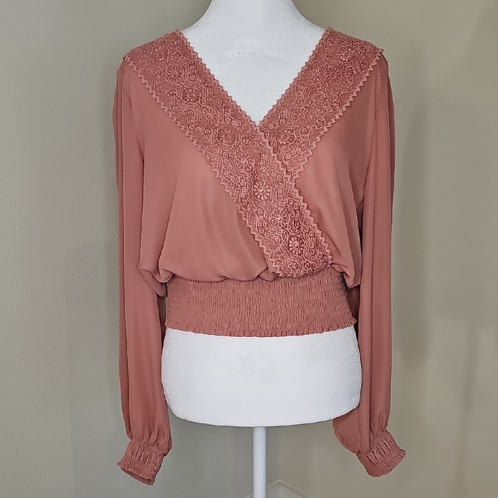 Joie Mauve Pink Dusty Rose Lace Long Sleeve Blouse Top Sz M